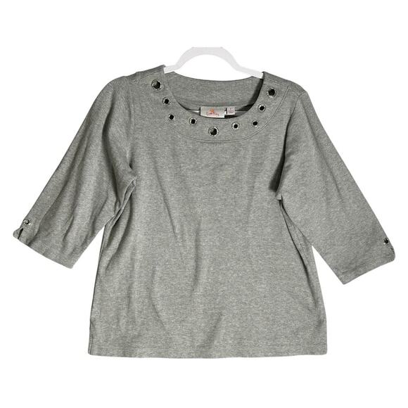 Quacker Factory Sz S Rhinestone Grommet Cotton Pullover 1/2 Sleeve Top Side Slit - Picture 1 of 10